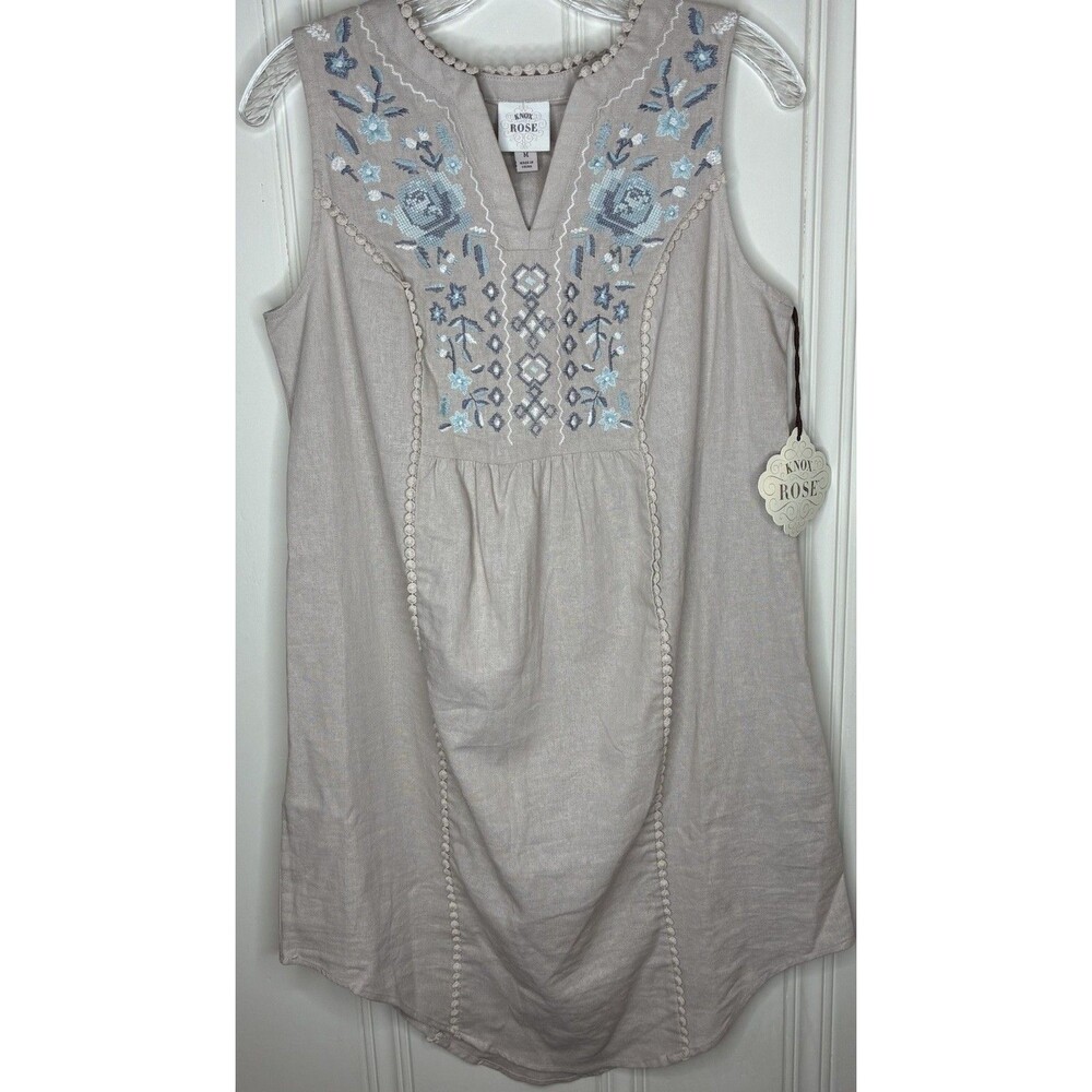 Linen-blend shift dress blue embroidery sleeveless V-neck boho coastal chic airy
